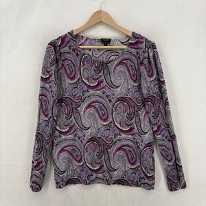 Talbots Sweater Womens PL Purple 100% Merino Wool Paisley Print Scoop Neck Knit